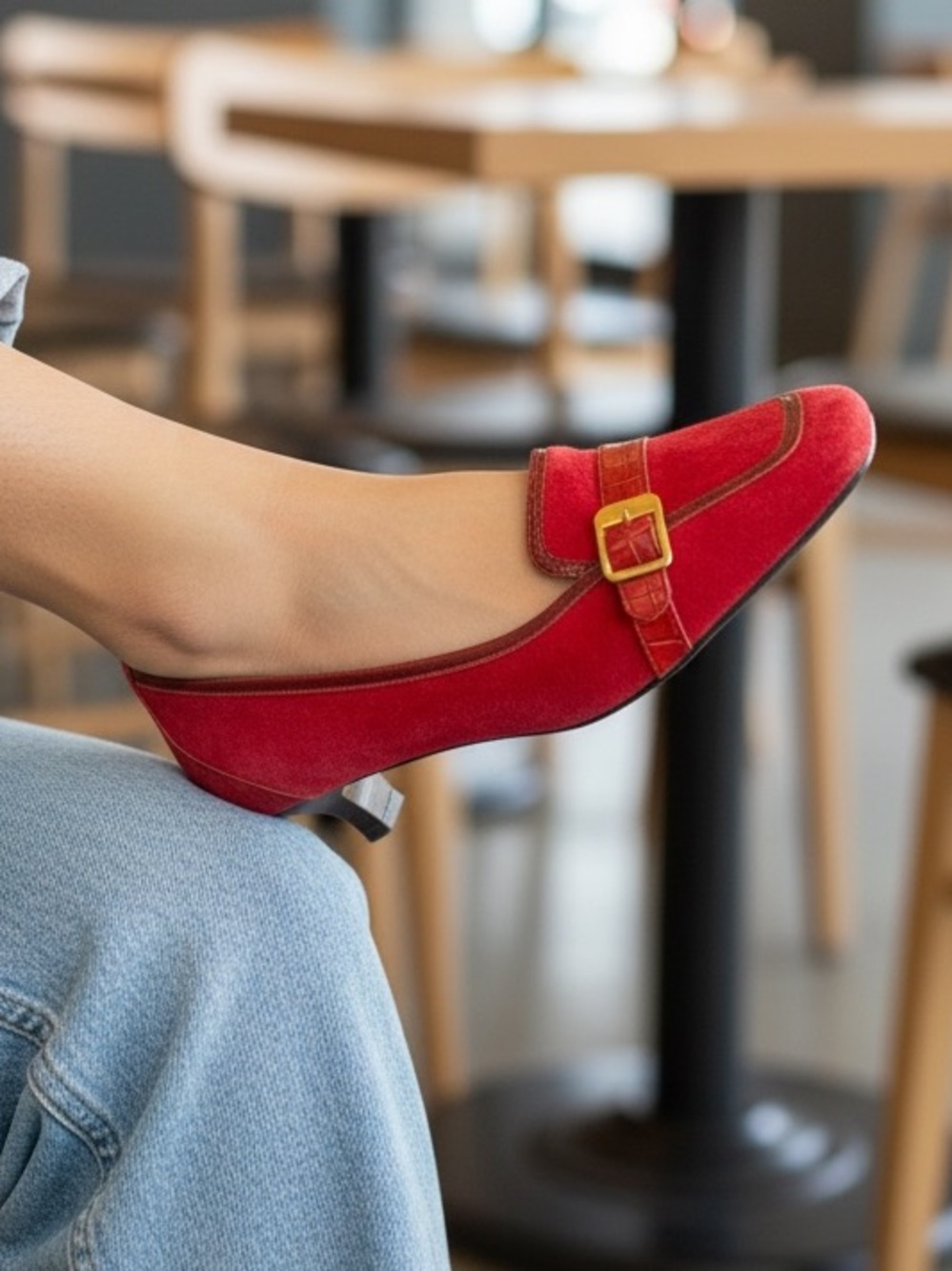 Naturalizer Red Suede Croc Trim Buckle Kitten Heel Loafer Pumps 8.5M